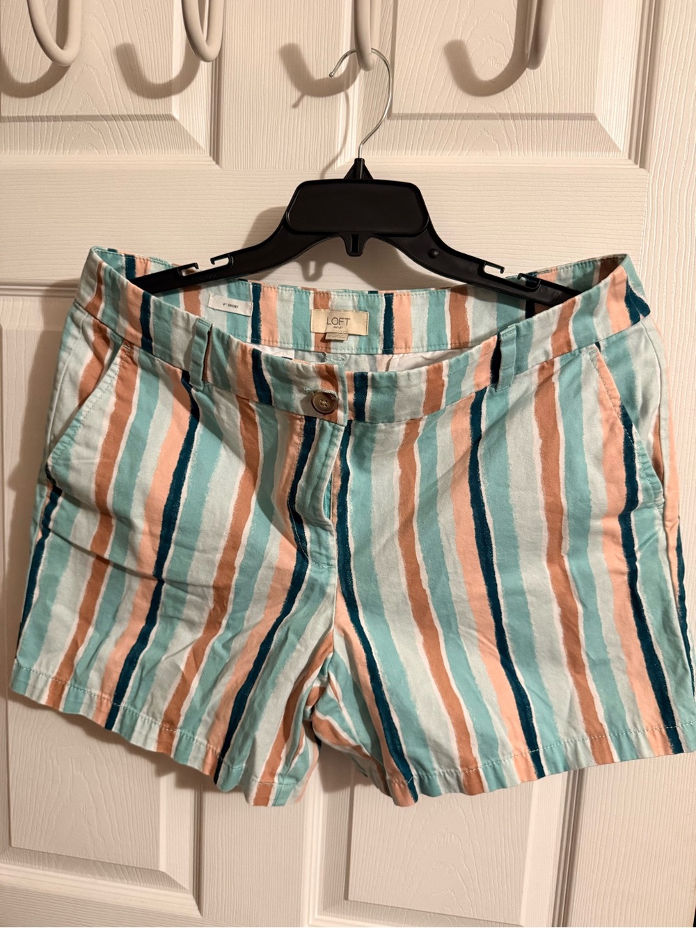 LOFT Striped Cotton-Blend Bermuda Shorts in Aqua, Peach and Navy